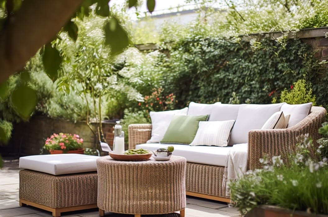 Helle Gartenmöbel aus Rattan mit weißem Bezug