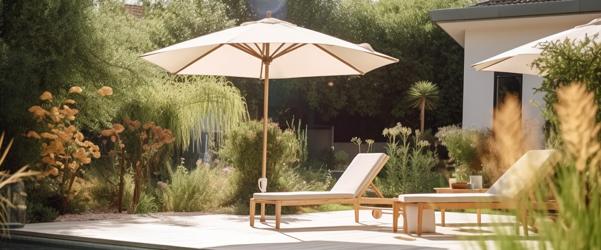 Edler heller Sonnenschirm mit Holzstab neben zwei Poolliegen