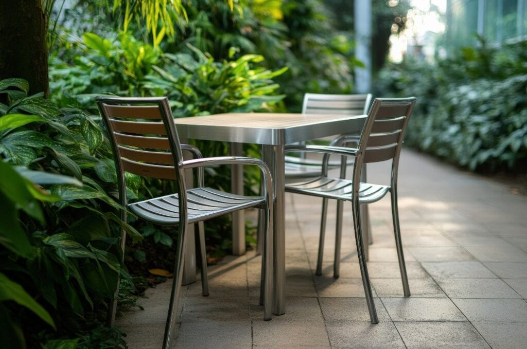 Moderne Aluminiummöbel in üppiger Gartenumgebung für Essplätze im Freien