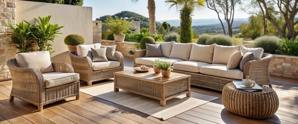 Gartenmöbel aus Rattan auf mediterraner Terrasse mit sanften Farben.