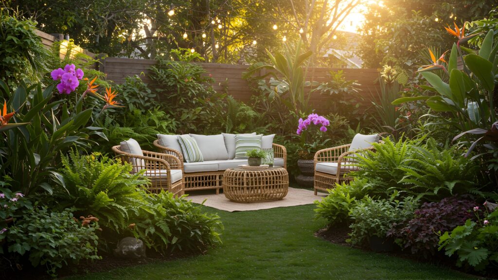 Rattan-Gartenmöbel arrangiert im satten Grün eines Gartens – eine harmonische Verbindung aus Komfort, Natur und stilvollem Outdoor-Design.