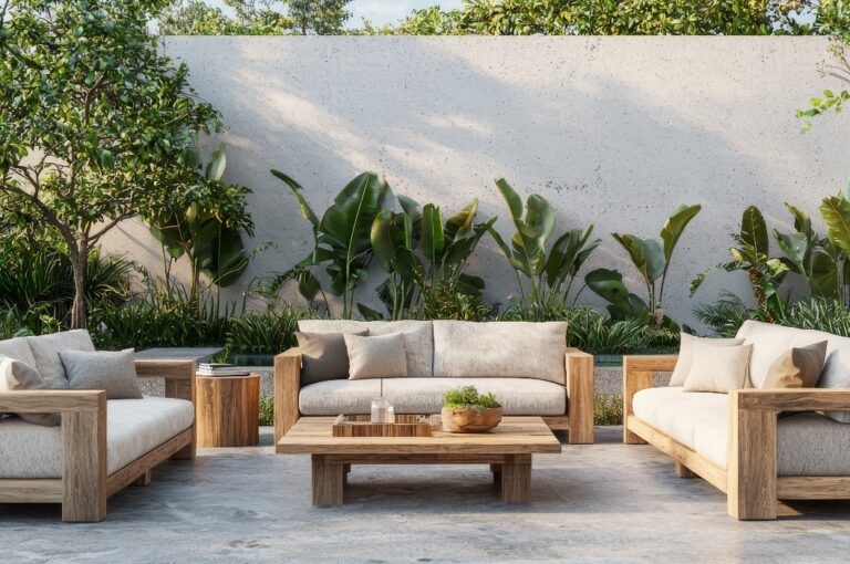 Ein modernes Outdoor-Wohnzimmer-Set mit Holztisch Terrassenmöbel Gartendekor Sommer Entspannung Konzept in 3D in einer Illustration gezeigt