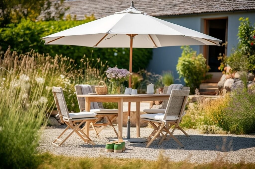 Gartenstühle, Gartentisch und Sonnenschirm im Garten.