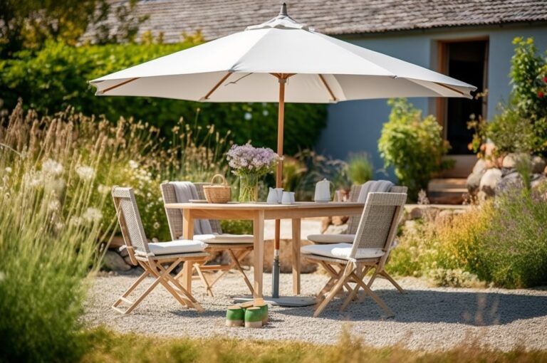 Gartenstühle, Gartentisch und Sonnenschirm im Garten.