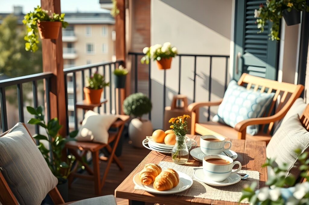 kleiner geschmackvoller Balkon mit Holzmöbel