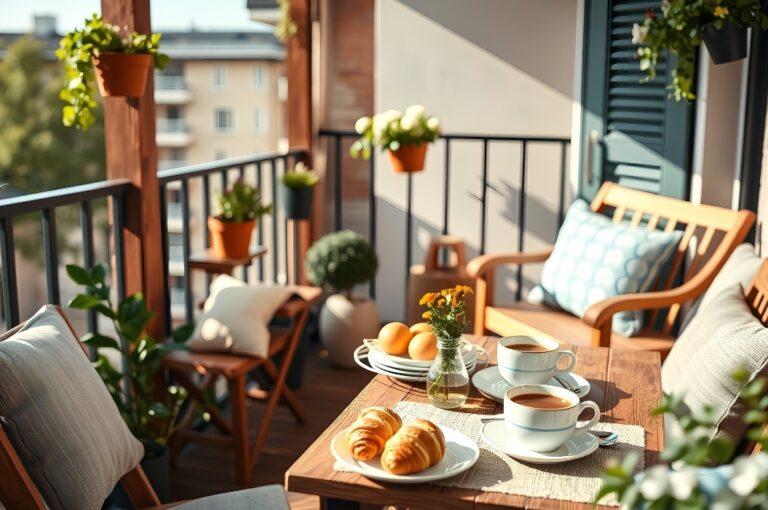 kleiner geschmackvoller Balkon mit Holzmöbel