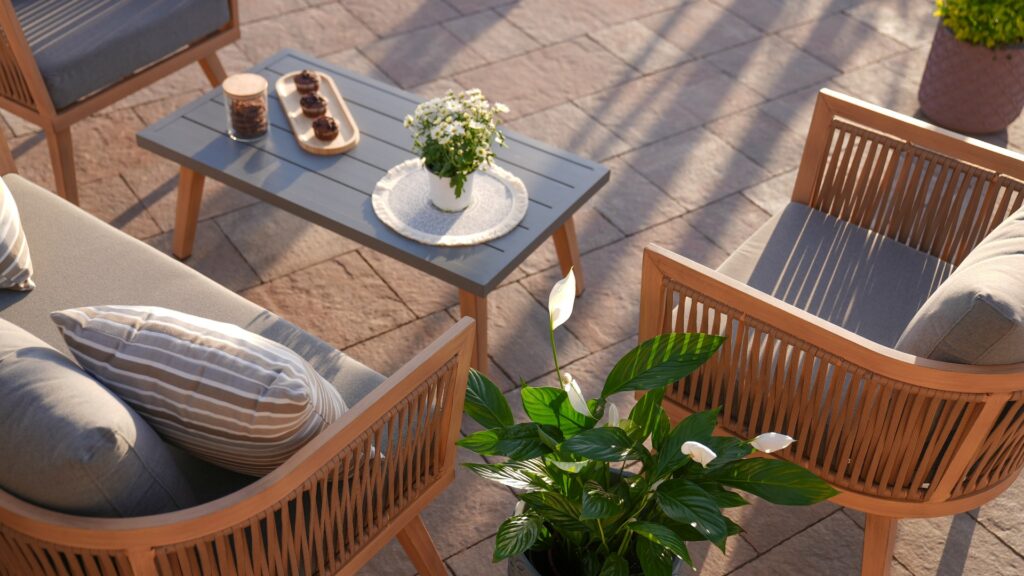 close up,wood sofa and table made of metal and wood in the yard and garden on the garden tiles
