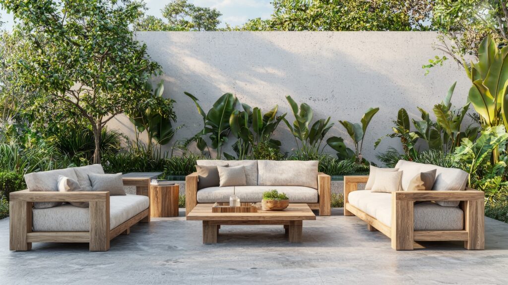 Ein modernes Wohnzimmer-Set für den Außenbereich mit einem Holztisch, Terrassenmöbeln, Gartendekoration und einem Konzept für sommerliche Entspannung, dargestellt in einer 3D-Illustration